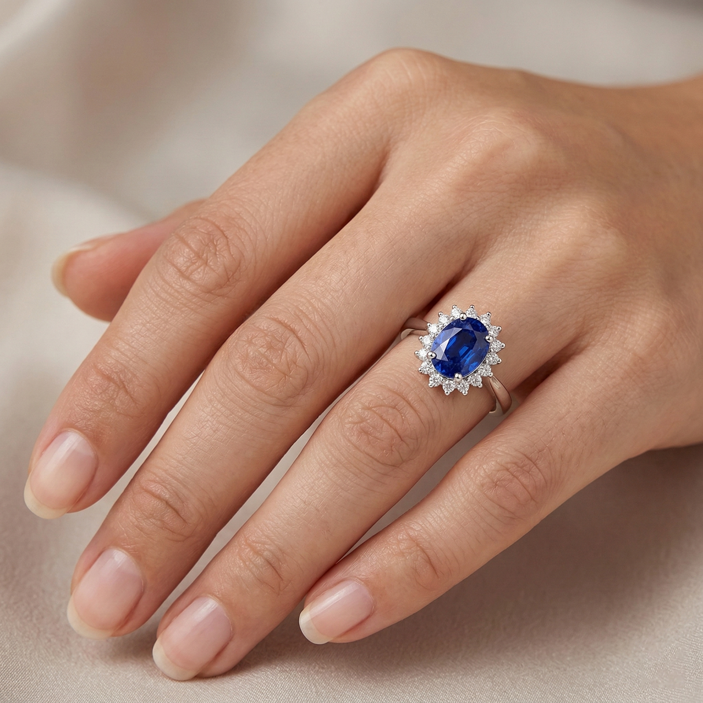 2 Ct Oval Cut Ceylon Sapphire And Natural Earth Mined Diamond ( Not Lab Grown ) Ring White Gold 14K