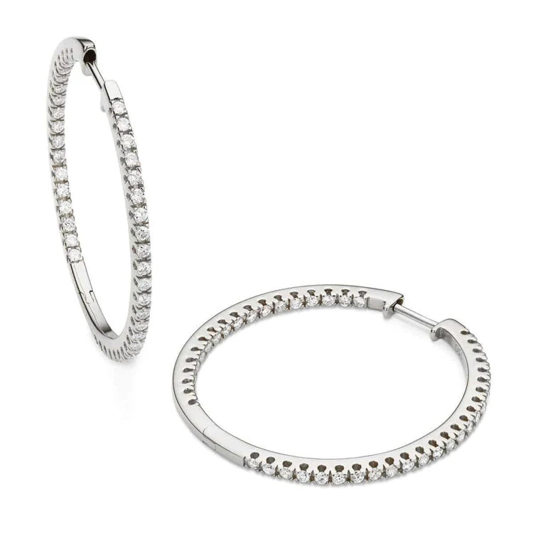 2 Ct Round Real Diamond Hoop Earring Pair 14K White Gold