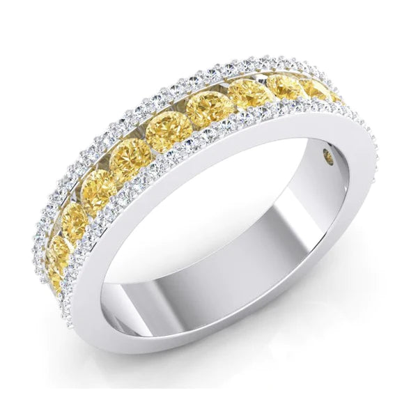 2 Carats Half Eternity Yellow Canary & White Lab Grown Diamond Gold Band