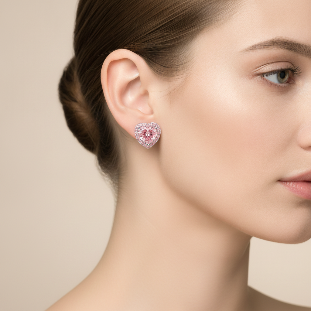 Pink Diamond Earrings 3.5 Carat Lab Grown Heart Halo 14K White Gold
