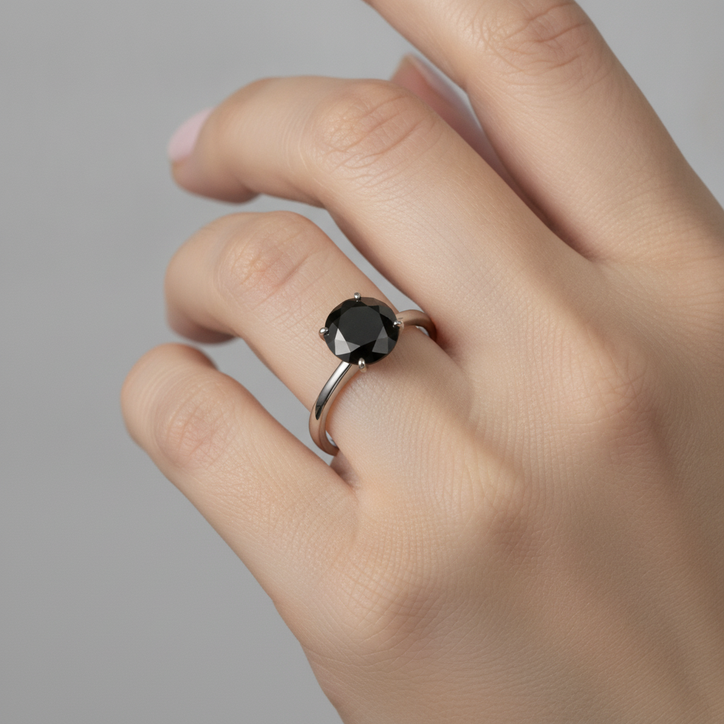 Black Diamond Engagement Ring 3.5 Carat Real Round Solitaire Plain 14K White Gold