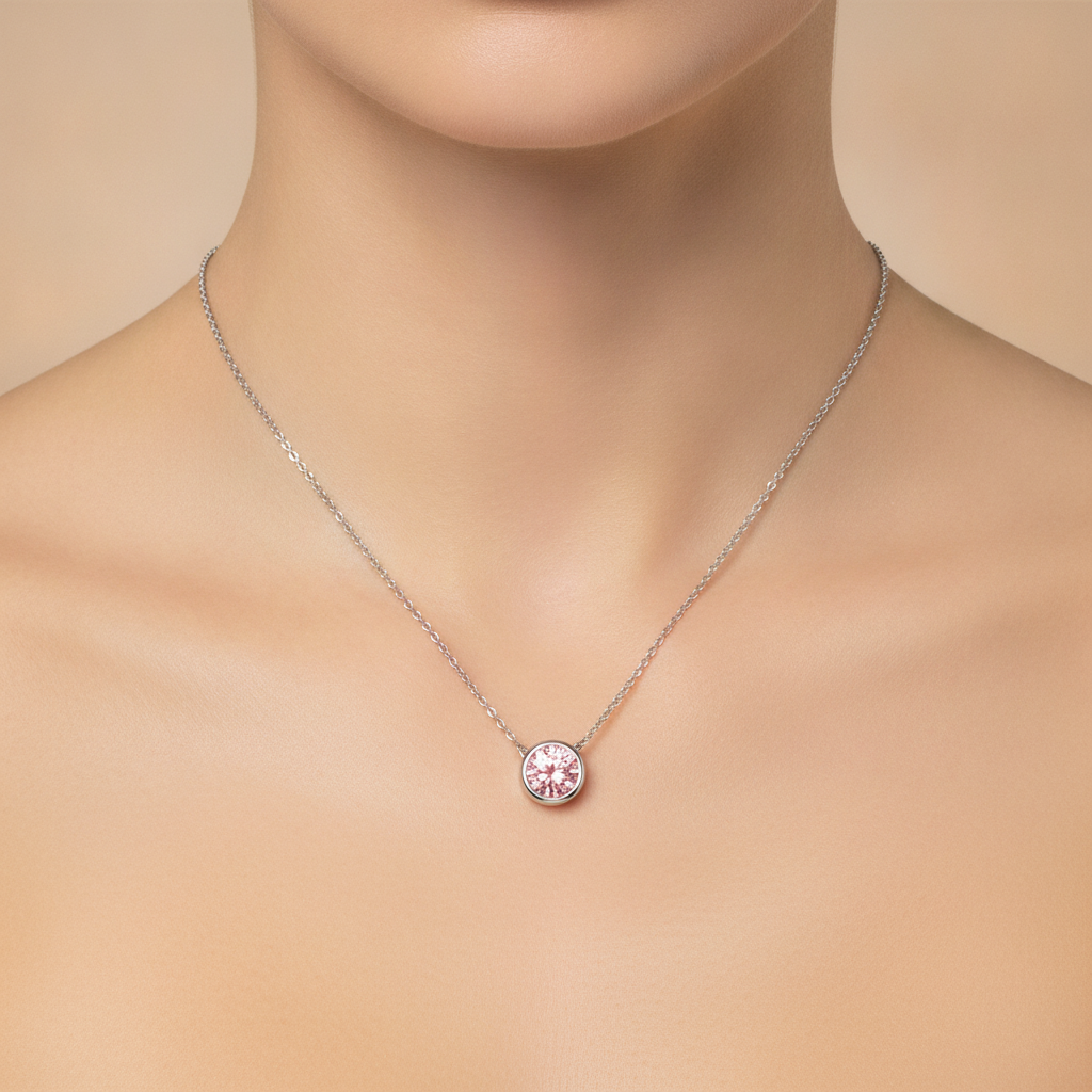Pink Diamond Necklace 3.5 Carat Lab Grown Round Bezel Pendant 14K White Gold