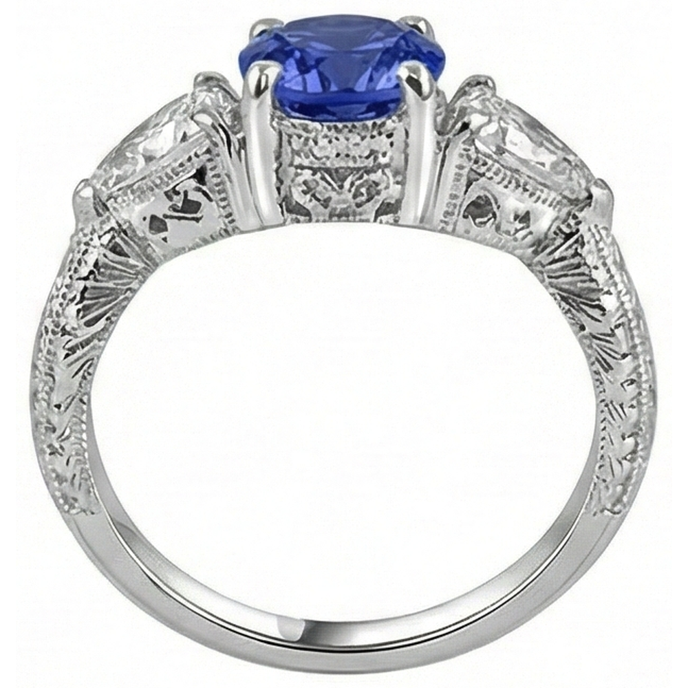 3.50 Carats Ring Round Tanzanite And Trillion Natural Earth Mined Diamond ( Not Lab Grown ) s 3-Stone Jewelry
