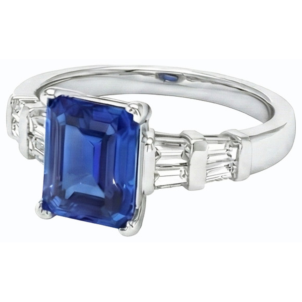 3 Carats Gold Emerald Ceylon Sapphire Ring With Baguette Natural Earth Mined Diamond ( Not Lab Grown )s