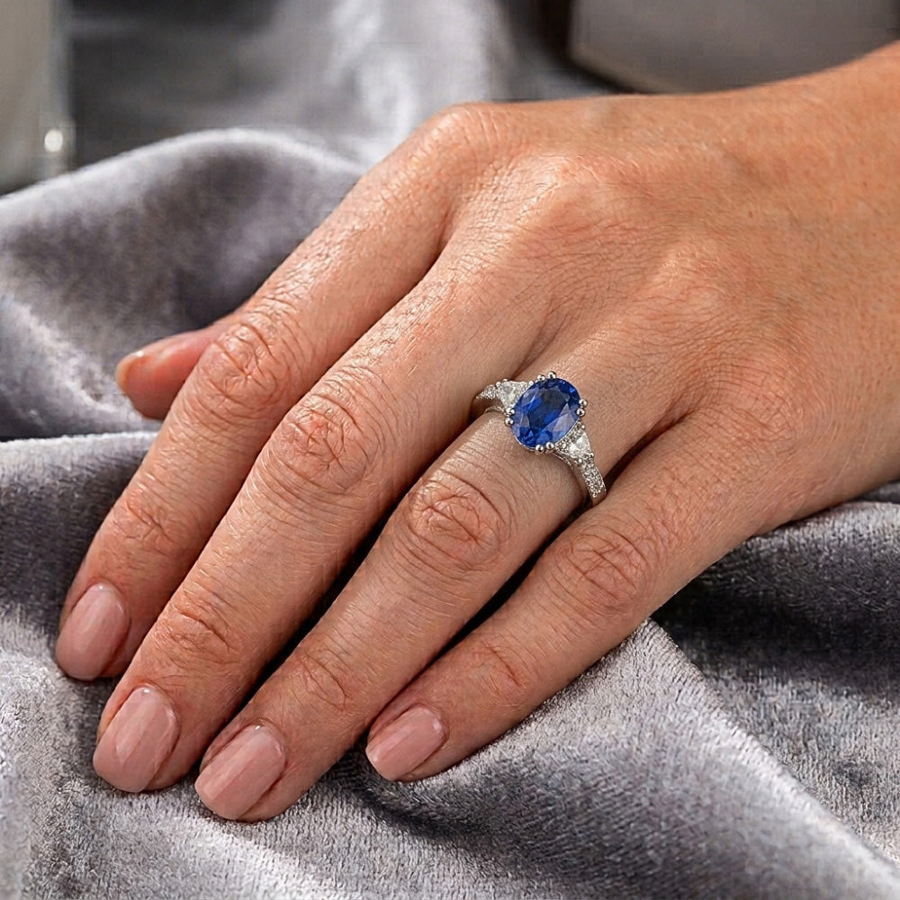 3 Carats Oval Sri Lanka Blue Sapphire Natural Earth Mined Diamond ( Not Lab Grown )s Anniversary Ring