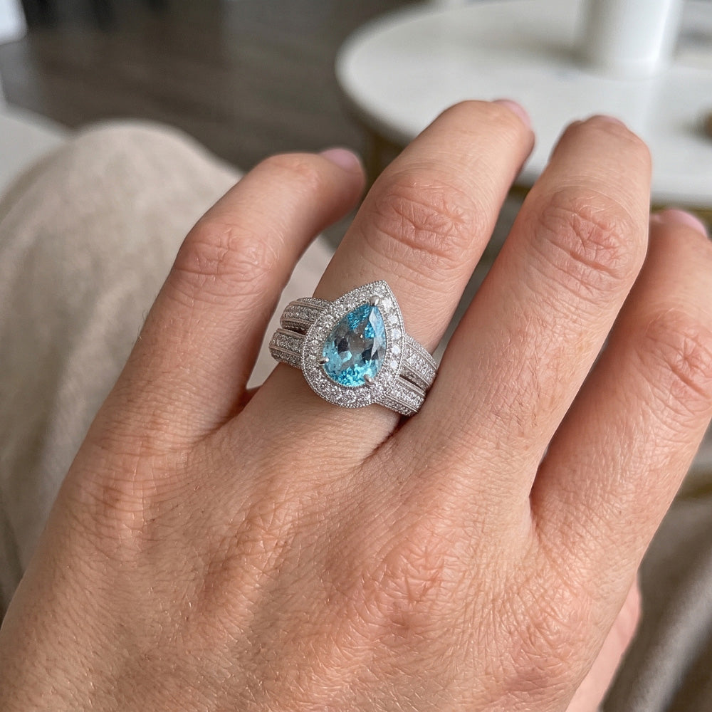 3 Ct. Blue Pear & White Round Natural Earth Mined Diamond ( Not Lab Grown ) s Ring White Gold 14K Gemstone