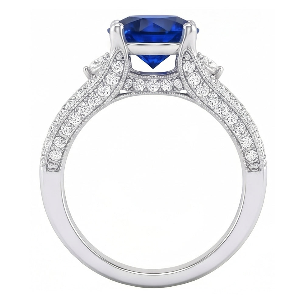 3 Ct Round Ceylon Sapphire And Natural Earth Mined Diamond ( Not Lab Grown ) Ring Solid White Gold 14K