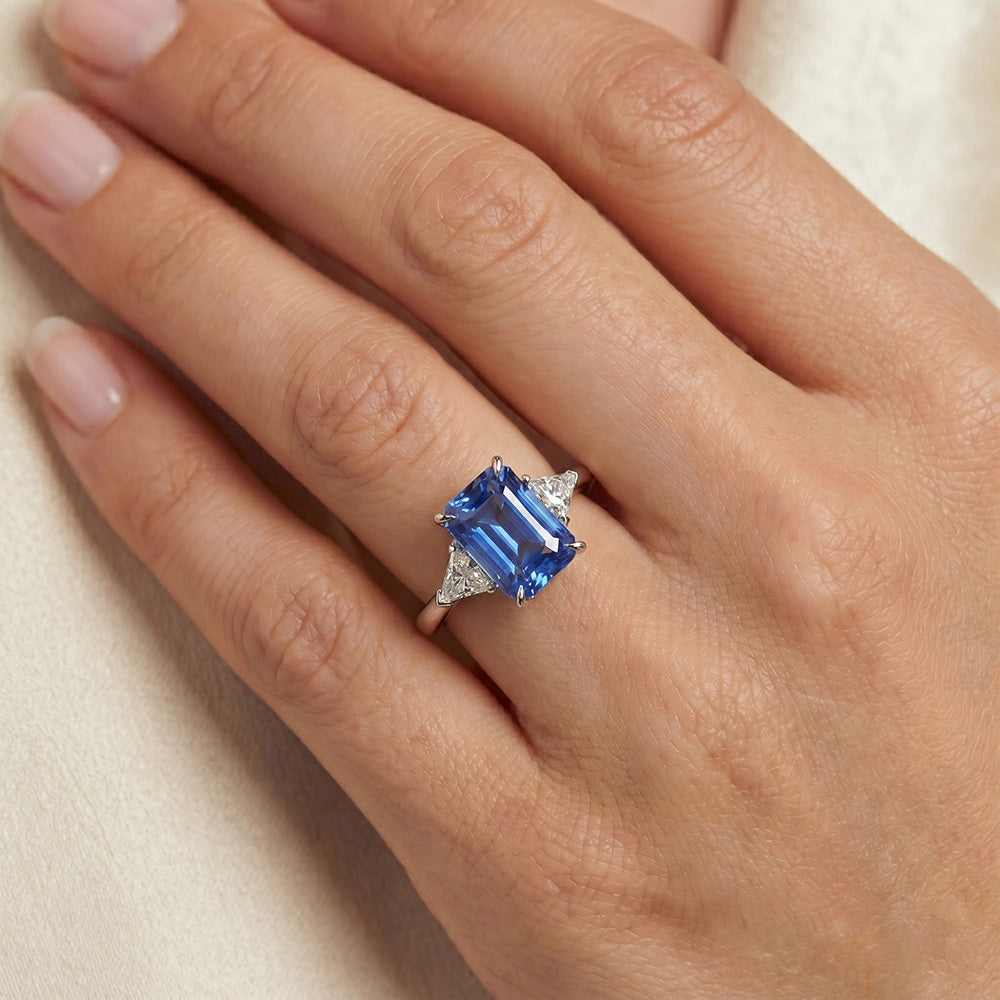3 Stone Blue Sapphire Ring Small Trillion Natural Earth Mined Diamond ( Not Lab Grown )s Jewelry 2.75 Carats