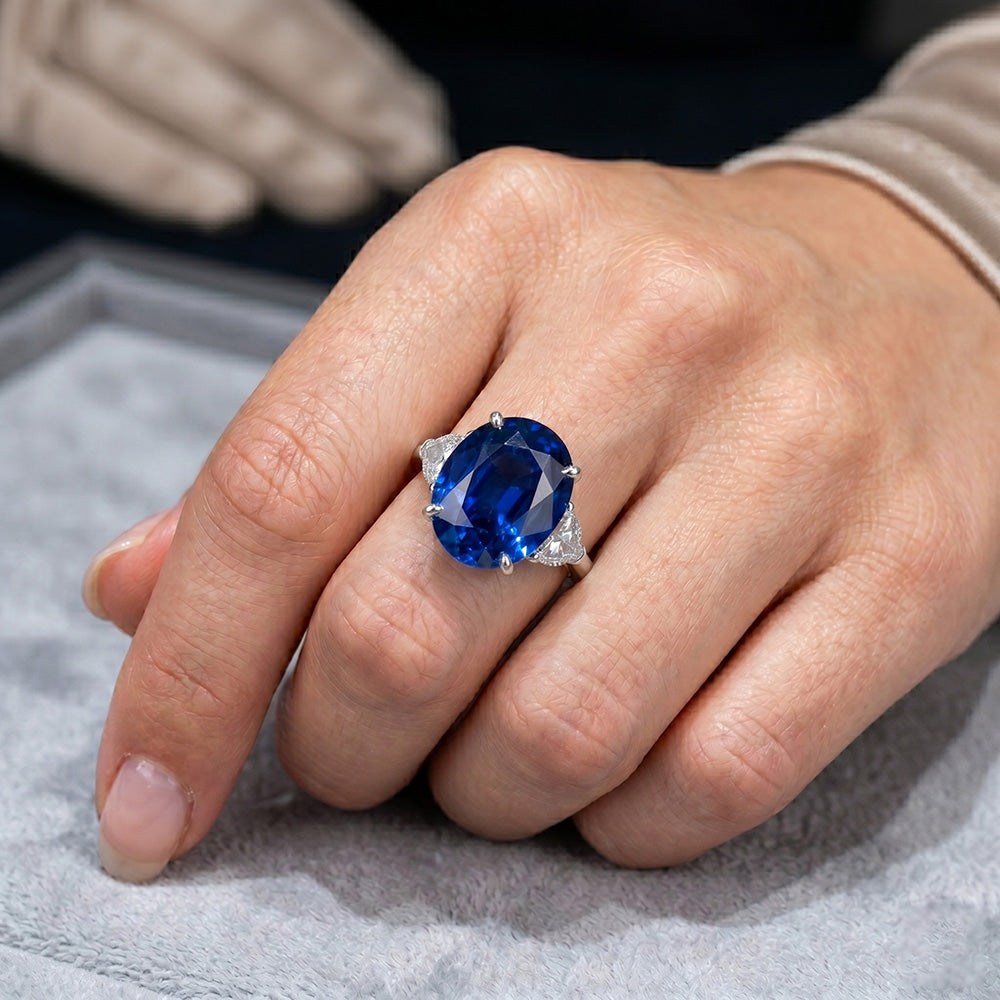 3 Stone Natural Earth Mined Diamond ( Not Lab Grown ) Ring With Oval Deep Blue Sapphire 8.25 Carats Gold 14K