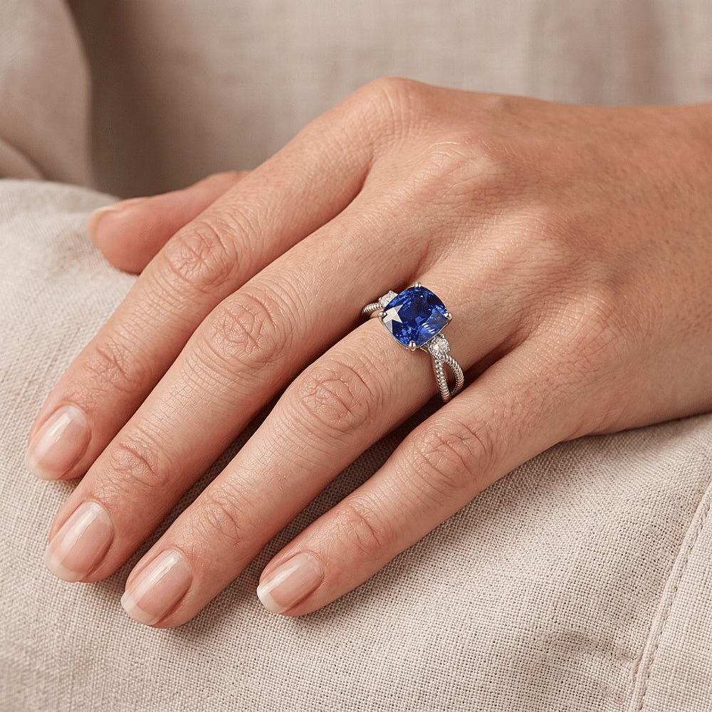 3 Stone Ring Cushion Blue Sapphire Rope Style 2.25 Carats Split Shank