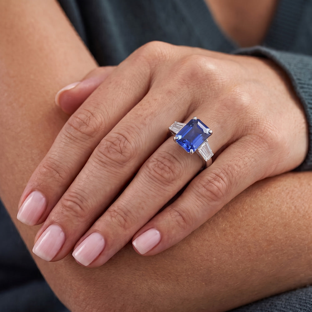 3 Stone Ring Radiant Sapphire & Baguette Natural Earth Mined Diamond ( Not Lab Grown )s 4 Carats White Gold