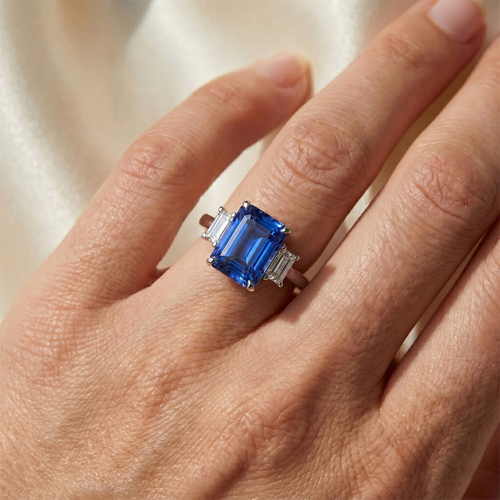 3 Stone Ring Radiant Sapphire & Emerald Natural Earth Mined Diamond ( Not Lab Grown ) Jewelry 4 Carats