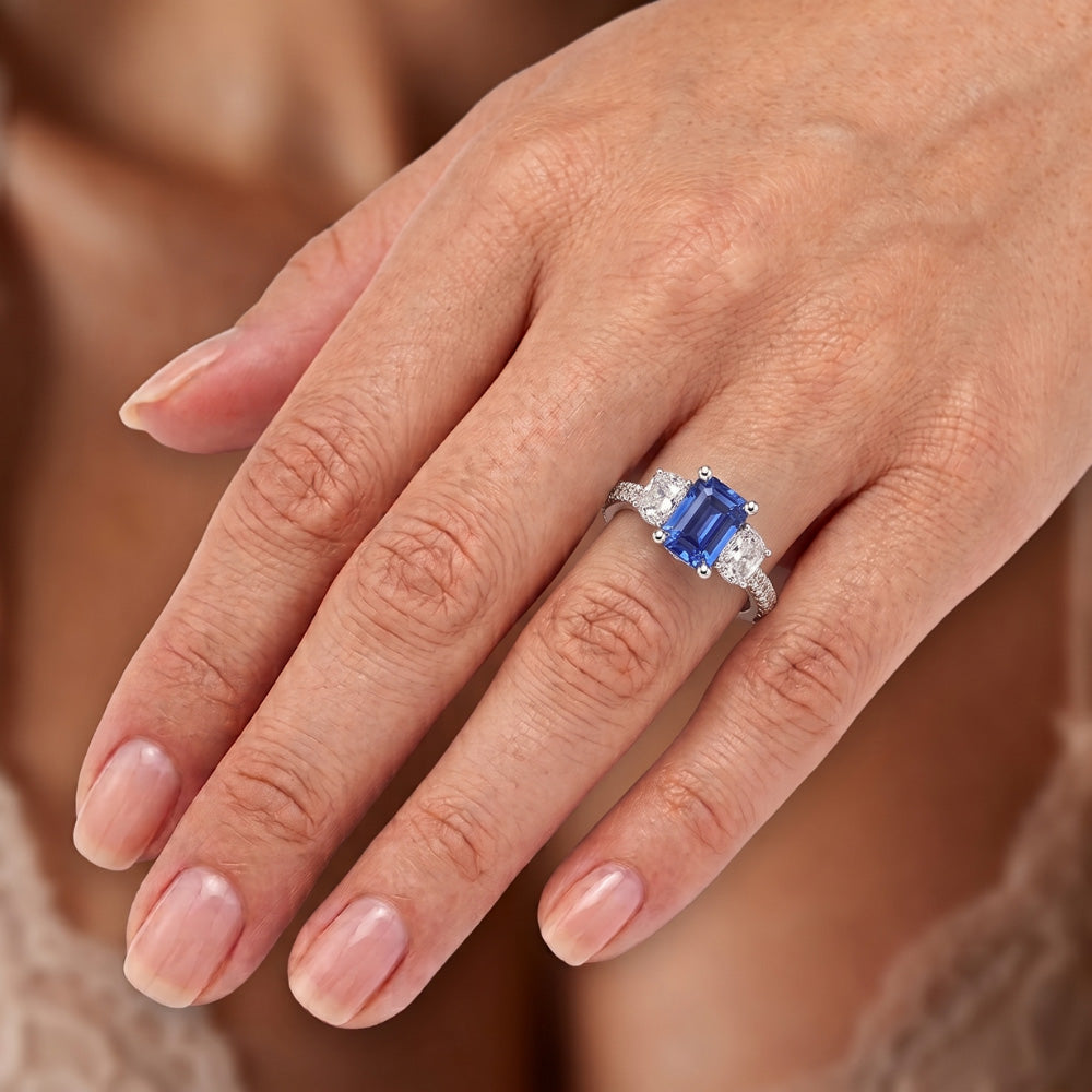 3 Stone Style Emerald Blue Sapphire Ring With Accents Gold 2.50 Carats