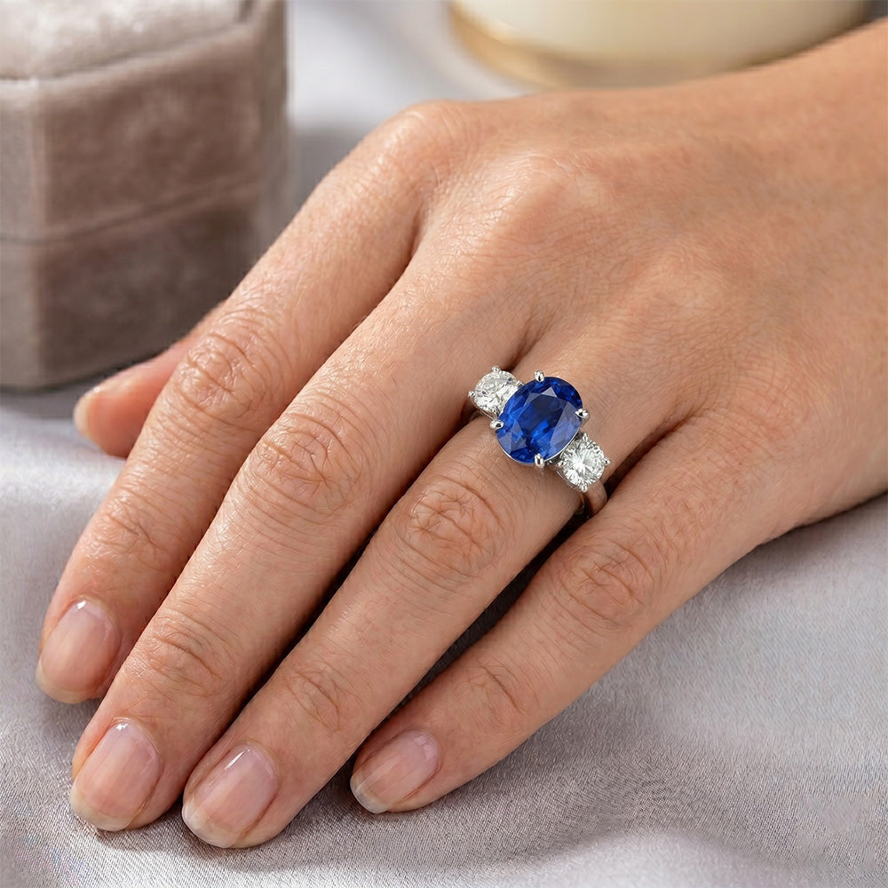 3 Stone Style Sri Lankan Sapphire With Natural Earth Mined Diamond ( Not Lab Grown ) s Ring 3 Carats WG 14K
