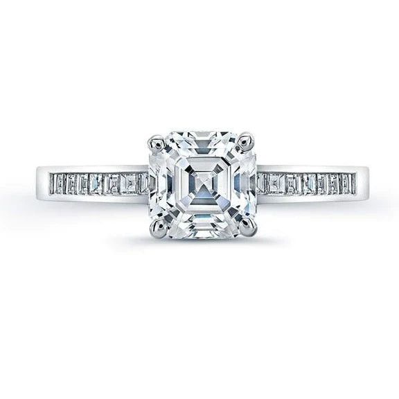 3.01 Carats Asscher Genuine Diamond Ring With Accents White Gold 14K