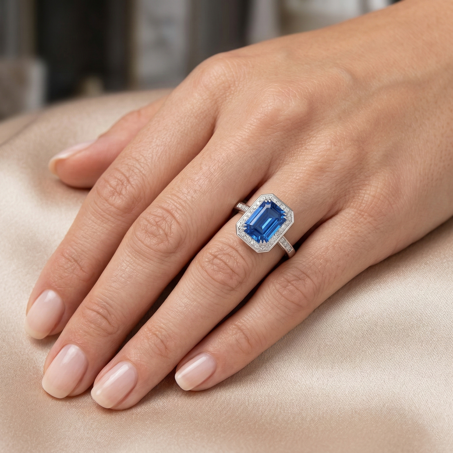 natural round sapphire 3.40ct ring on white background