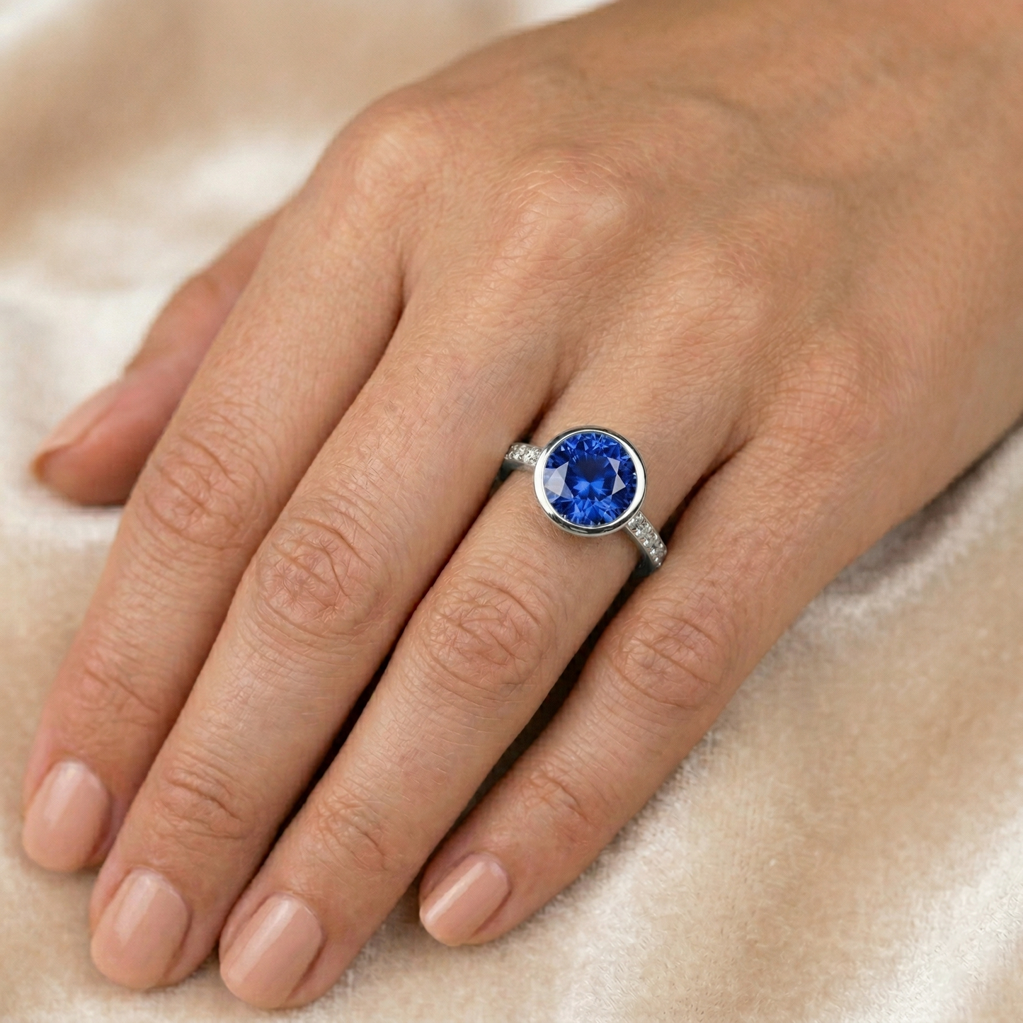 3.50 Ct Bezel Set Round Ceylon Sapphire & Natural Earth Mined Diamond ( Not Lab Grown ) s Ring White Gold 14K