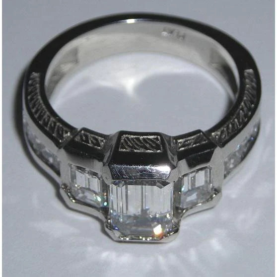 3.51 Carats Gold Emerald Three Stone Natural Diamond Engagement Ring