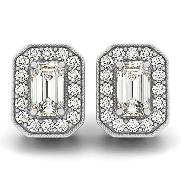 3.5 Ct Emerald And Round Cut Halo Genuine Diamond Stud Earrings