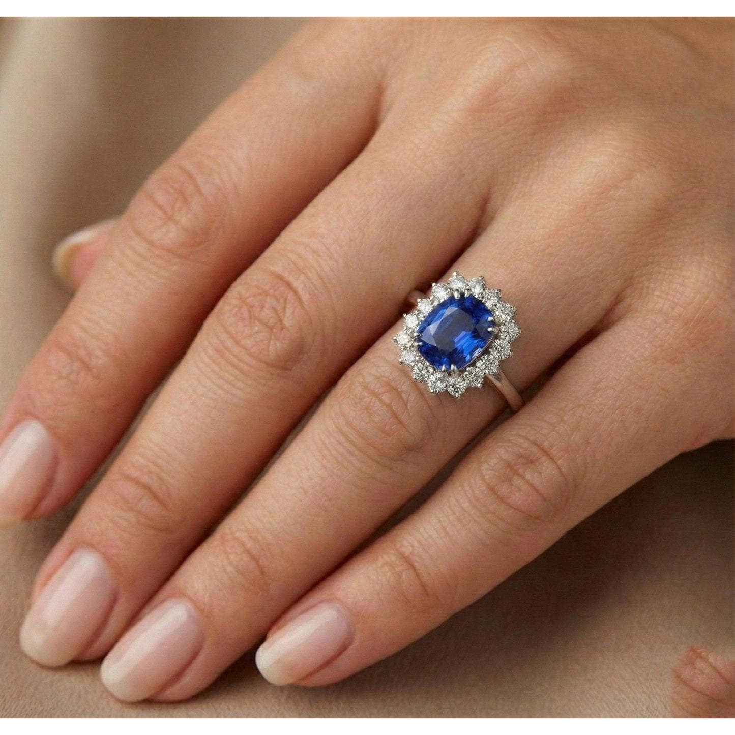 natural round sapphire 3.75ct ring on white background