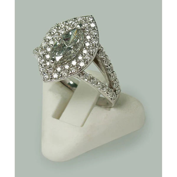 3 Carats Double Halo Marquise Natural Diamond Engagement Ring Split Shank