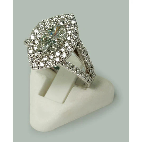 3 Carats Double Halo Marquise Natural Diamond Engagement Ring Split Shank