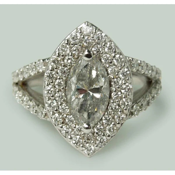 3 Carats Double Halo Marquise Natural Diamond Engagement Ring Split Shank