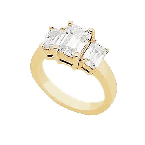 3 Carats Emerald Real Diamond Three Stone Ring Yellow Gold 14K