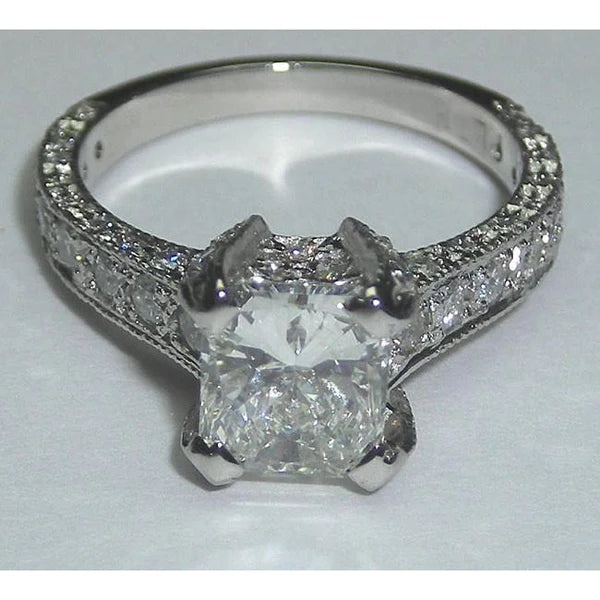 3 Carats Princess Cut Pave Fancy Genuine Diamond Solitaire Ring With Accents