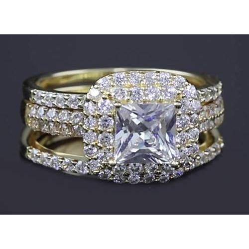 Princess Cut Real Diamond Halo Yellow Gold Ring