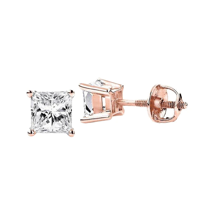 3 Carats Princess Shaped Real Diamond Stud Earring Fine Rose Gold 14K