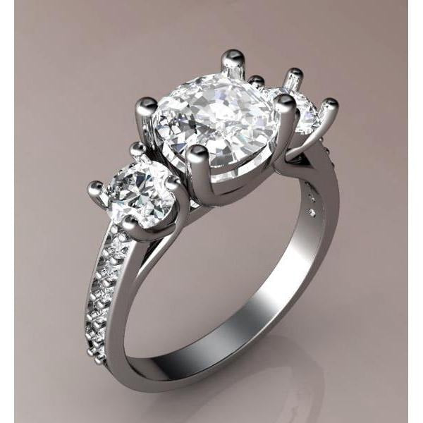 3 Carats Real Cushion Cut Diamond 3 Stone Style Wedding Ring White Gold