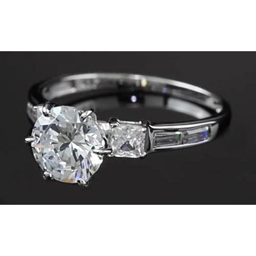 Round Genuine Diamond Engagement Ring Three Stone White Gold 14K