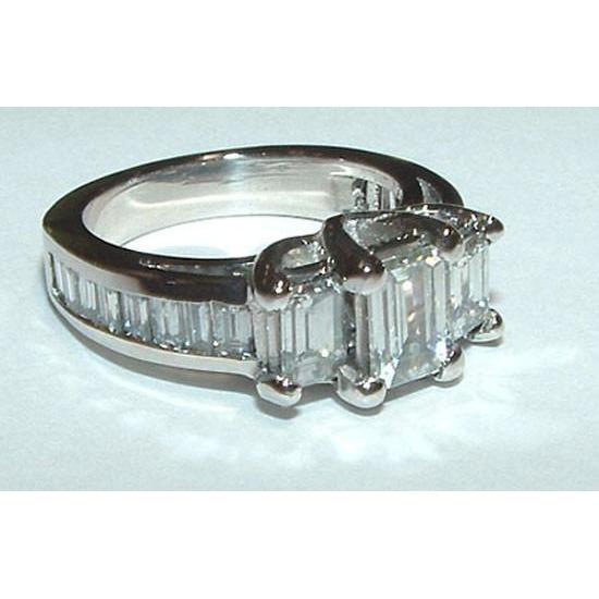 3 Ct. Emerald & Baguettes Three Stone Real Diamond Ring White Gold 14K