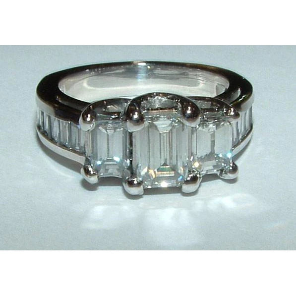 3 Ct. Emerald & Baguettes Three Stone Real Diamond Ring White Gold 14K
