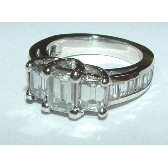 3 Ct. Emerald & Baguettes Three Stone Real Diamond Ring White Gold 14K