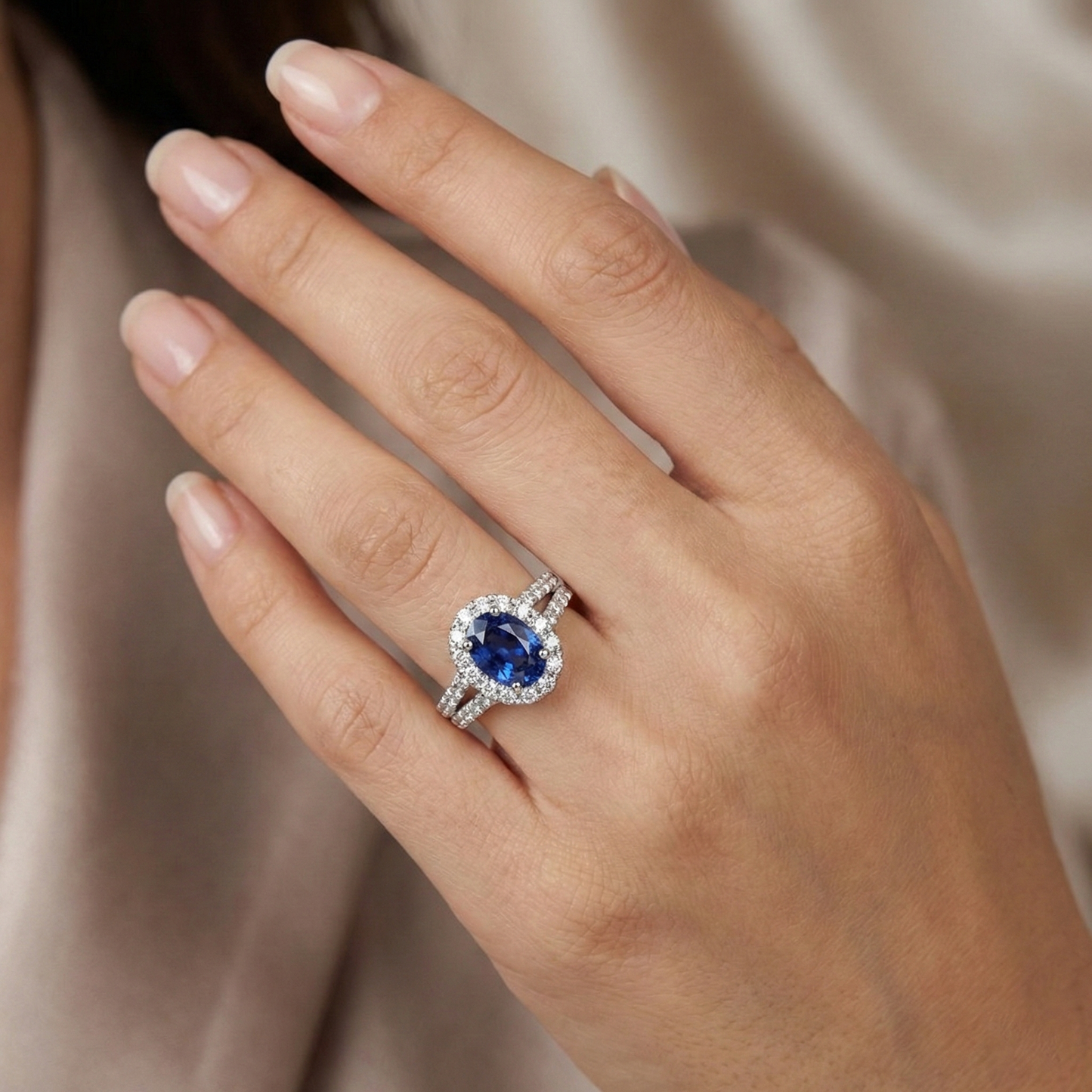 3 Ct Oval Blue Sapphire And Round Natural Earth Mined Diamond ( Not Lab Grown ) s Ring White Gold 14K