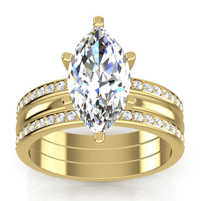 3 Piece Wedding Ring Set Real 3.50 Carats Marquise Cut Yellow Gold