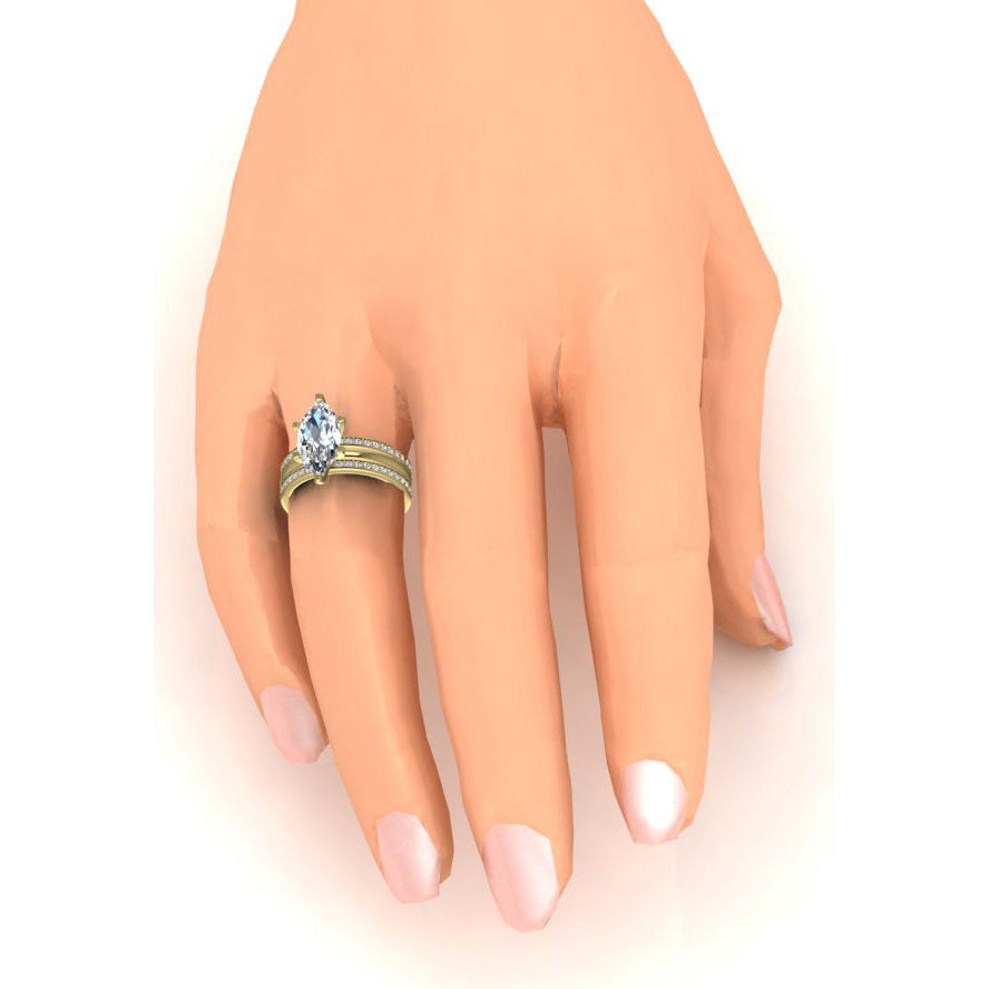 3 Piece Wedding Ring Set Real 3.50 Carats Marquise Cut Yellow Gold