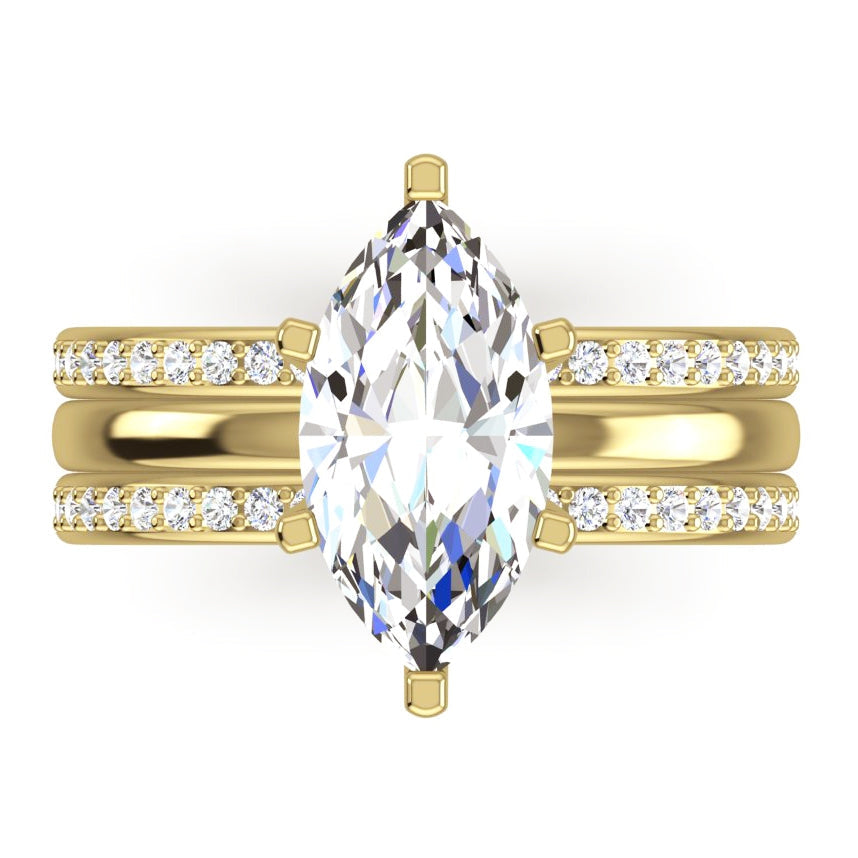 3 Piece Wedding Ring Set Real 3.50 Carats Marquise Cut Yellow Gold