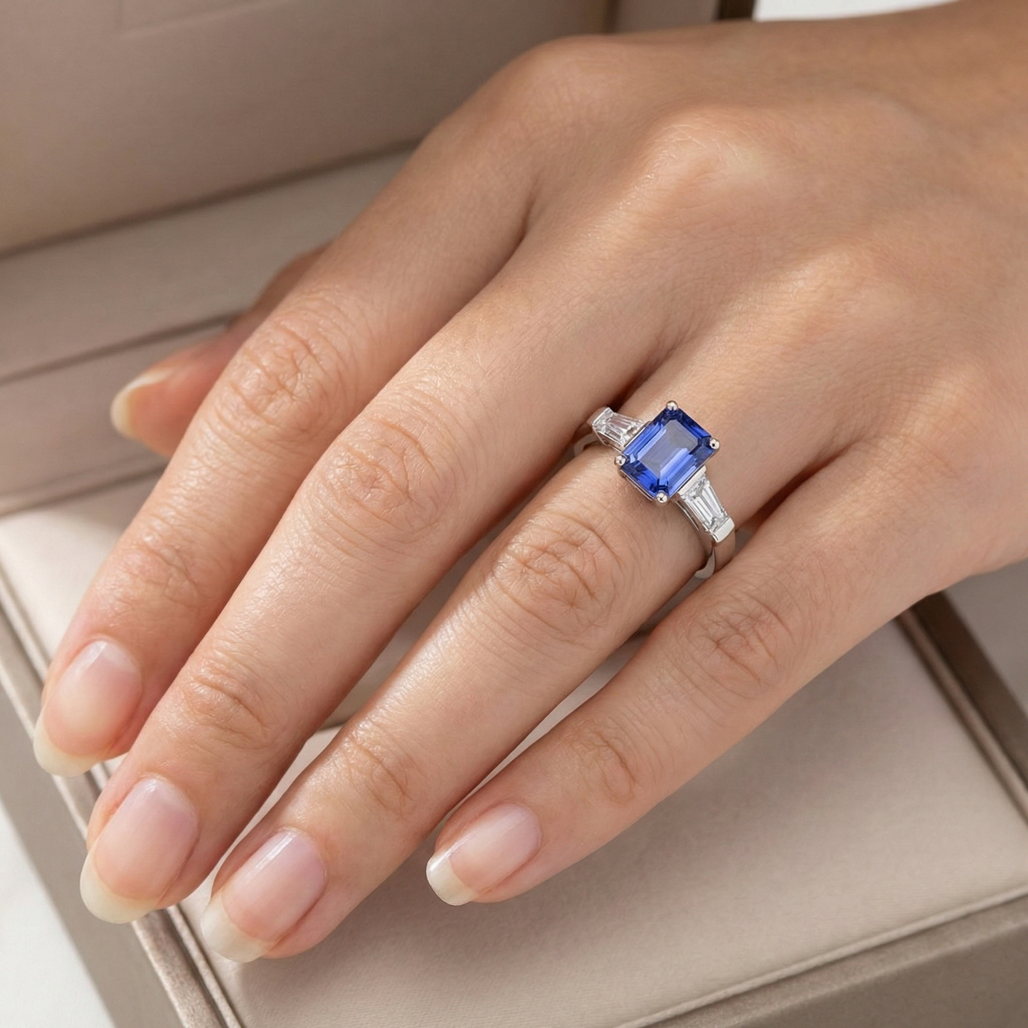 3 Stone Baguette Natural Earth Mined Diamond ( Not Lab Grown )s Blue Sapphire Ring Emerald Cut 1.75 Carats