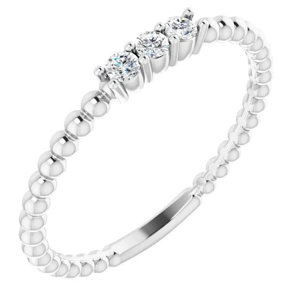 3 Stone Ball Shank Real Diamond Round Ring 0.90 Carats White Gold 14K