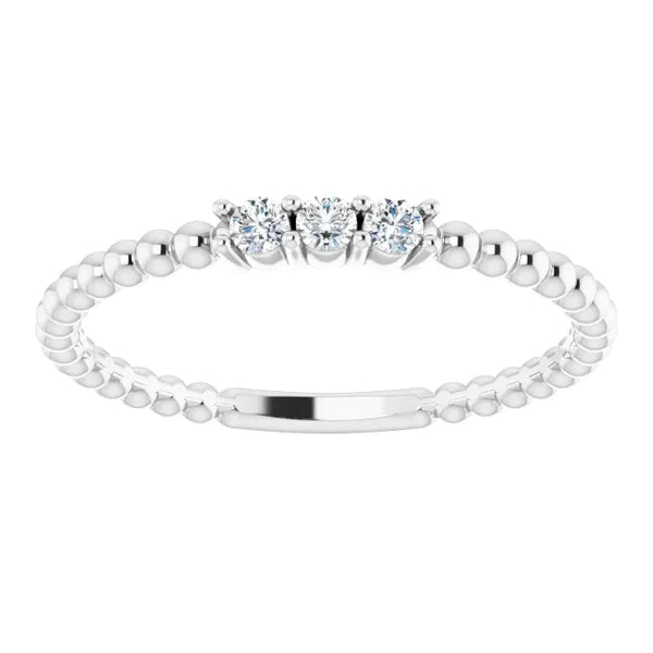 3 Stone Ball Shank Real Diamond Round Ring 0.90 Carats White Gold 14K
