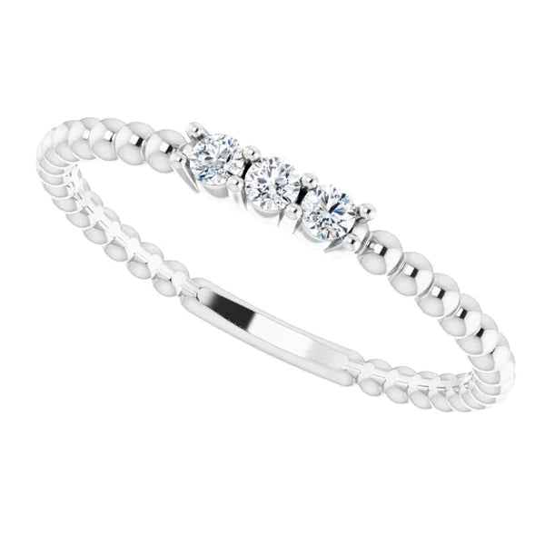 3 Stone Ball Shank Real Diamond Round Ring 0.90 Carats White Gold 14K