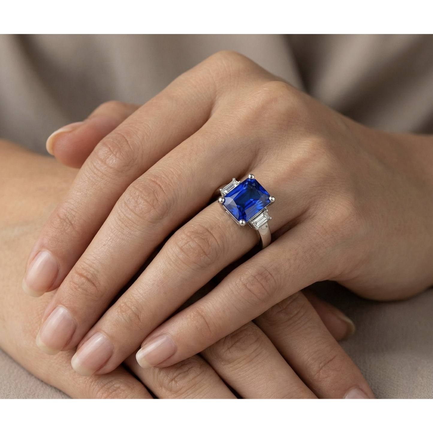 3 Stone Gold Radiant Sapphire Ring Straight Baguette Natural Earth Mined Diamond ( Not Lab Grown )s 4 Carats