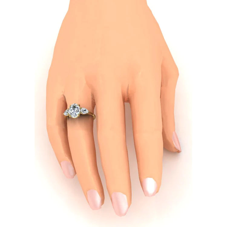 3 Stone Oval Real Diamond Ladys Anniversary Ring Pear Cut Sides