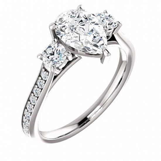 3 Stone Pear & Round Real Diamond Engagement Ring 1.80 Carats Accents Gold