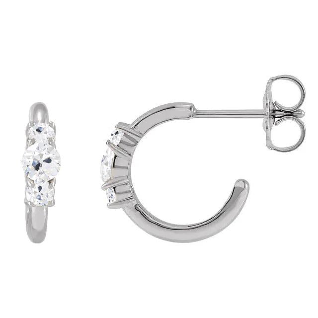 3 Stone Real Diamond Open Hoop Earrings 6 Carats Old Cut Gold Jewelry