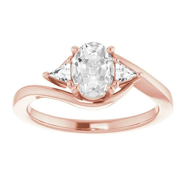 3 Stone Real Trillion & Oval Old Cut Diamond Ring Prong Set 4 Carats