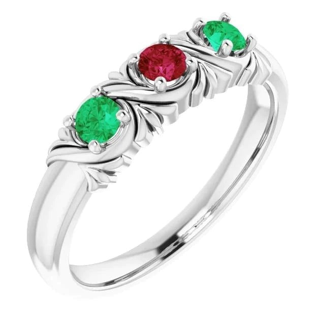 3 Stone Ring 0.60 Carats Antique Style Ruby Emerald
